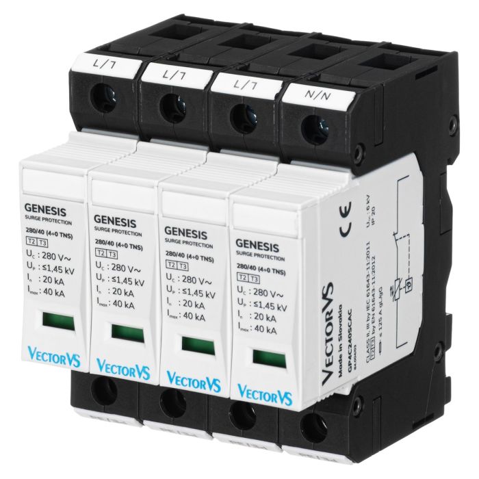 Обмежувач перенапруги Vector VS GENESIS 4P 230/280В AC 40 кА Клас II/Клас C (4+0 TNS) compact