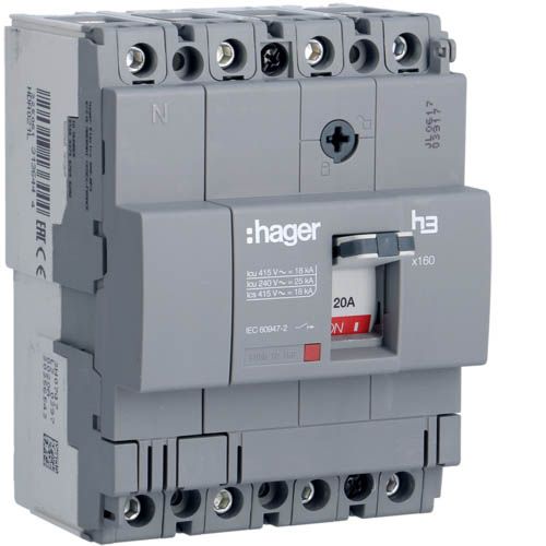 Автоматичний вимикач Hager x160: In=20А, 18kA, 4п