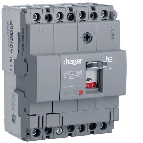 Автоматичний вимикач Hager x160: In=25А, 18kA, 4п