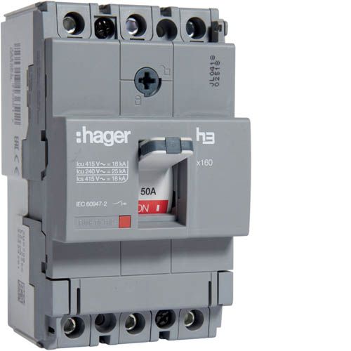 Автоматичний вимикач Hager x160: In=50А, 18kA, 3п