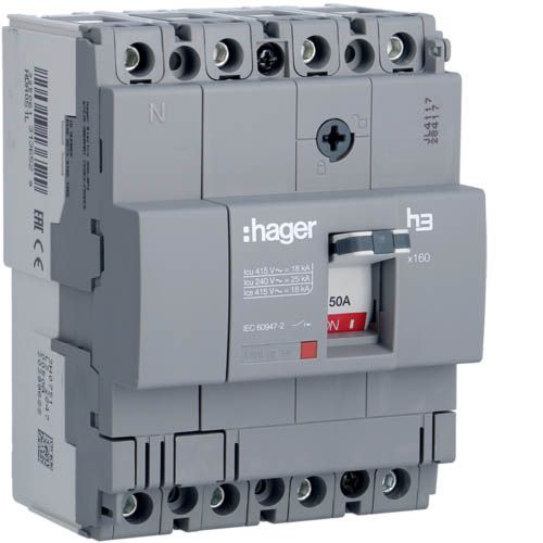 Автоматичний вимикач Hager x160: In=50А, 18kA, 4п