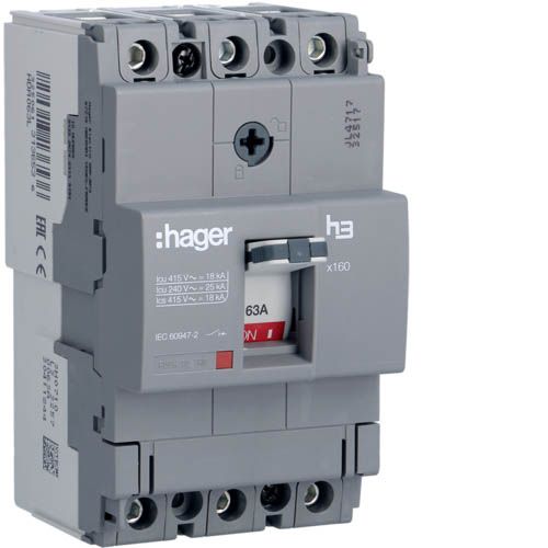 Автоматичний вимикач Hager x160: In=63А, 18kA, 3п