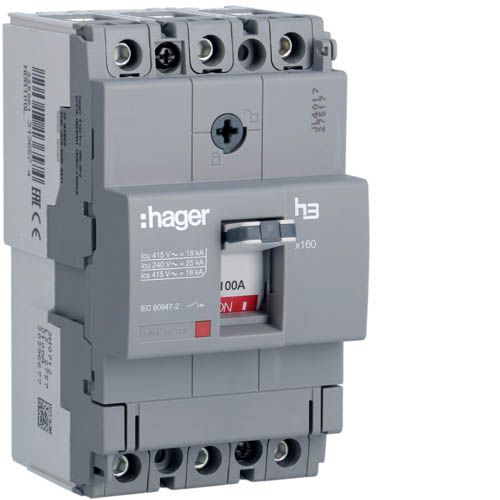 Автоматичний вимикач Hager x160: In=100А, 18kA, 3п