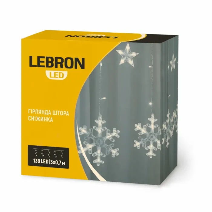 Гірлянда новорічна штора 3м *0,7м сніжинка 138LED жовта IP20, Lebron