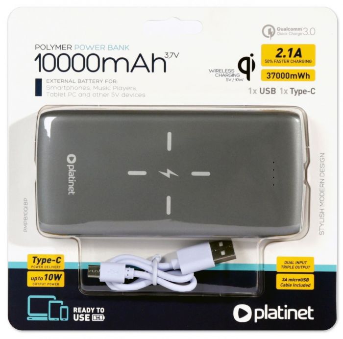 Зовнішній акумулятор PLATINET Powerbank 10QIBP 10000mAh з бездротовою зарядкою Qi, сірий (PMPB10QIB)