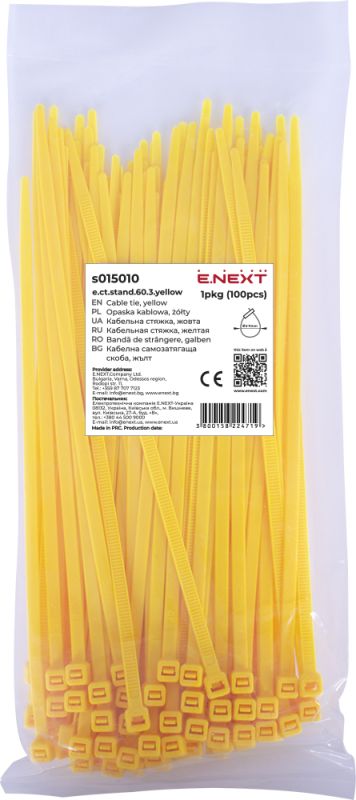 Кабельна стяжка e.ct.stand.60.3.yellow (100шт), жовта, E.NEXT