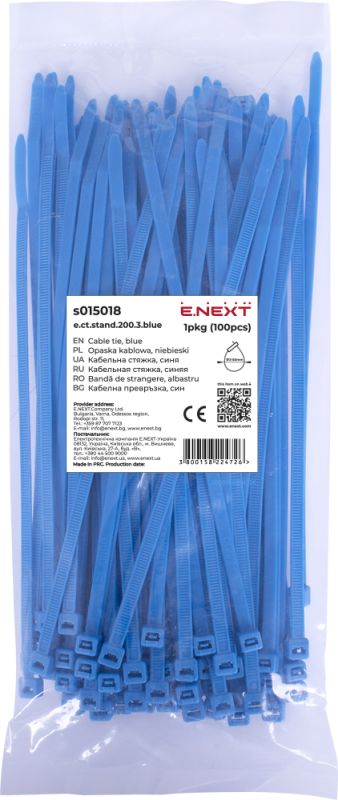 Кабельна стяжка e.ct.stand.200.3.blue (100шт), синя, E.NEXT