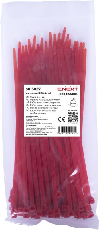 Кабельна стяжка e.ct.stand.280.4.red (100шт), червона, E.NEXT