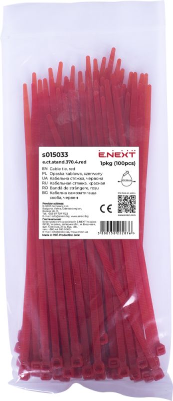 Кабельна стяжка e.ct.stand.370.4.red (100шт), червона, E.NEXT