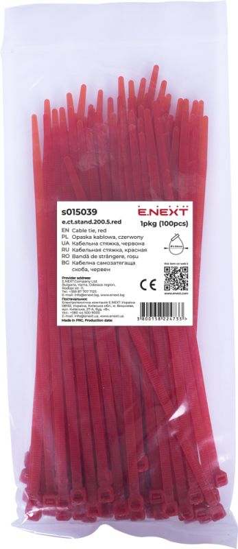 Кабельна стяжка e.ct.stand.200.5.red (100шт), червона, E.NEXT