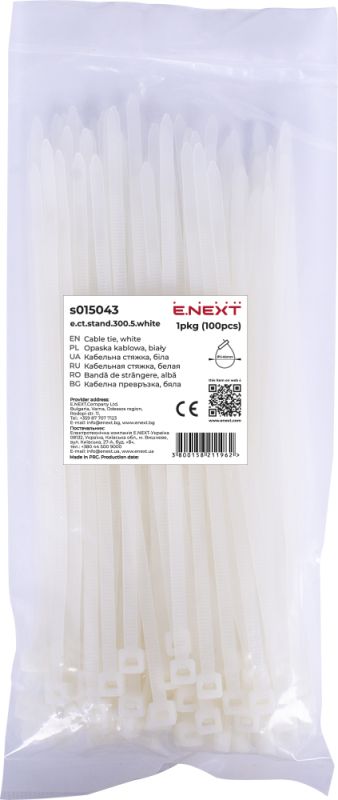 Кабельна стяжка e.ct.stand.300.5.white (100шт), біла, E.NEXT