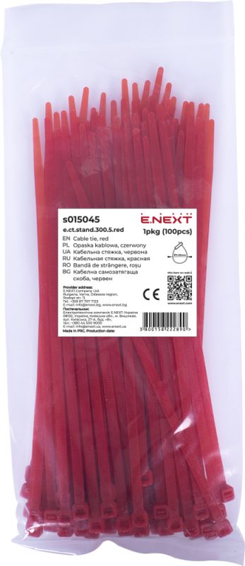 Кабельна стяжка e.ct.stand.300.5.red (100шт), червона, E.NEXT