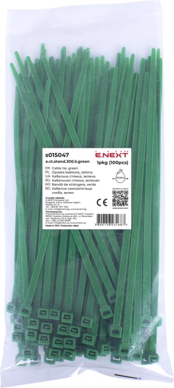 Кабельна стяжка e.ct.stand.300.5.green (100шт), зелена, E.NEXT