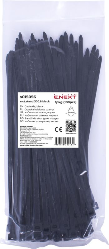 Кабельна стяжка e.ct.stand.300.8.black (100шт), чорна, E.NEXT