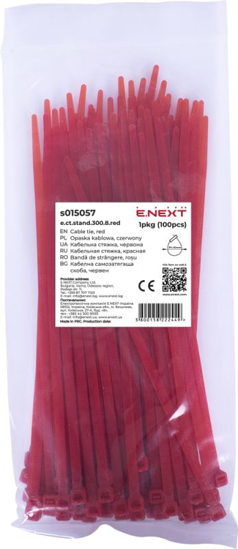 Кабельна стяжка e.ct.stand.300.8.red (100шт), червона, E.NEXT