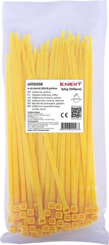 Кабельна стяжка e.ct.stand.300.8.yellow (100шт), жовта, E.NEXT