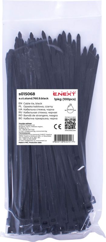 Кабельна стяжка e.ct.stand.760.9.black (100шт), чорна, E.NEXT