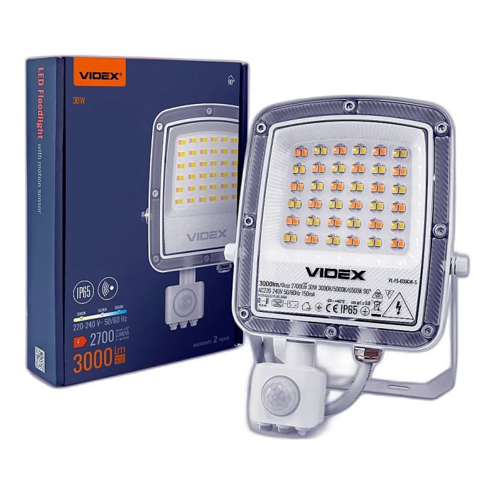 LED прожектор VIDEX F5 30W 3000-5000-6500K з датчиком руху 230V White (VL-F5-030CW-S)