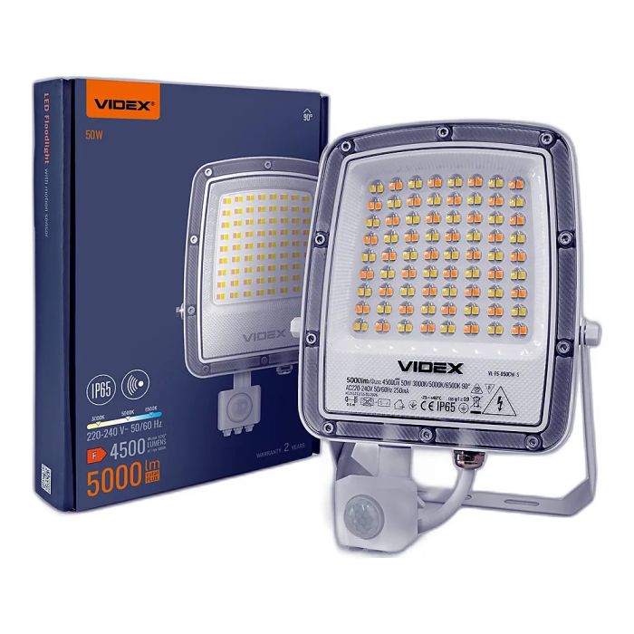 LED прожектор VIDEX F5 50W 3000-5000-6500K з датчиком руху 230V White (VL-F5-050CW-S)