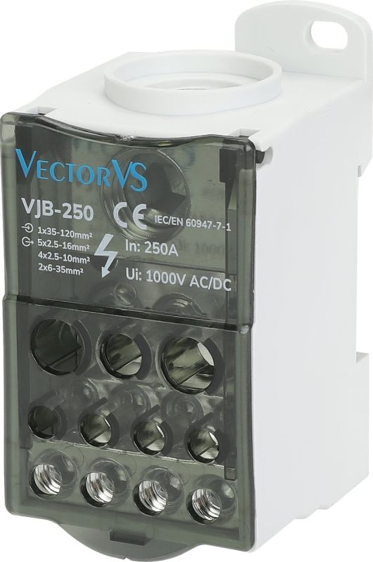 Розподільчий блок Vector VS VJB-250 на DIN-рейку, 250A, вх.1x35-120mm, вих.5x2.5-16, 4x2.5-10, 2x6-35mm