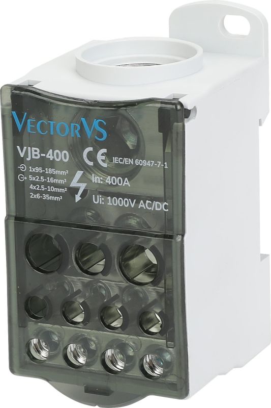 Розподільчий блок Vector VS VJB-400 на DIN-рейку, 400A, вх.1x95-180mm, вих.5x2.5-16, 4x2.5-10, 2x6-35mm