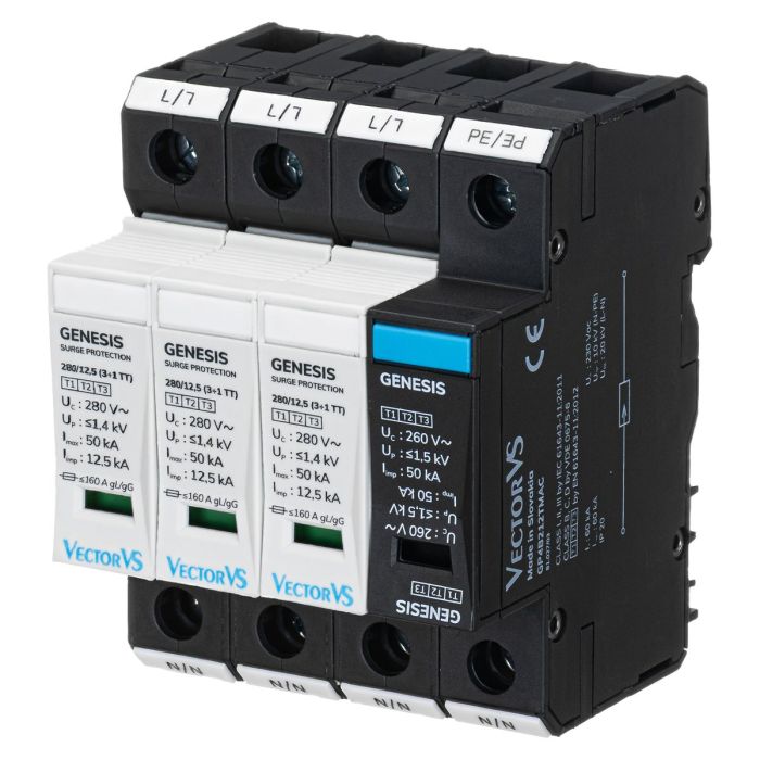 Обмежувач перенапруги Vector VS GENESIS 4P 230/280В AC 50 кА Клас I+II+III/Клас B+C+D (3+1 TT)